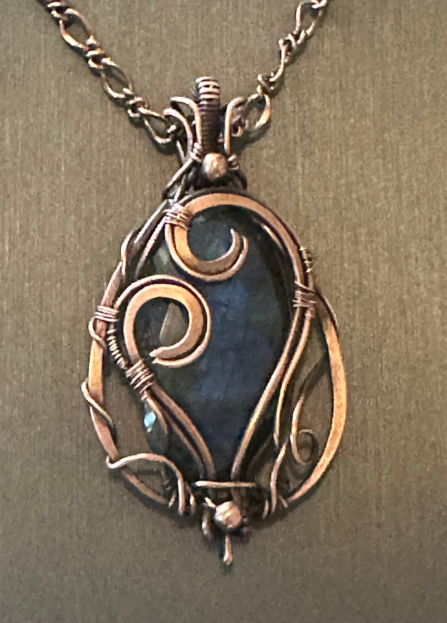 Cobalt blue labradorite copper wrapped pendant necklace.