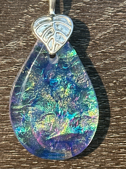 Hand etched and fused opalescent purple multicolor dichroic glass pendant with sterling silver bail and wheat chain.