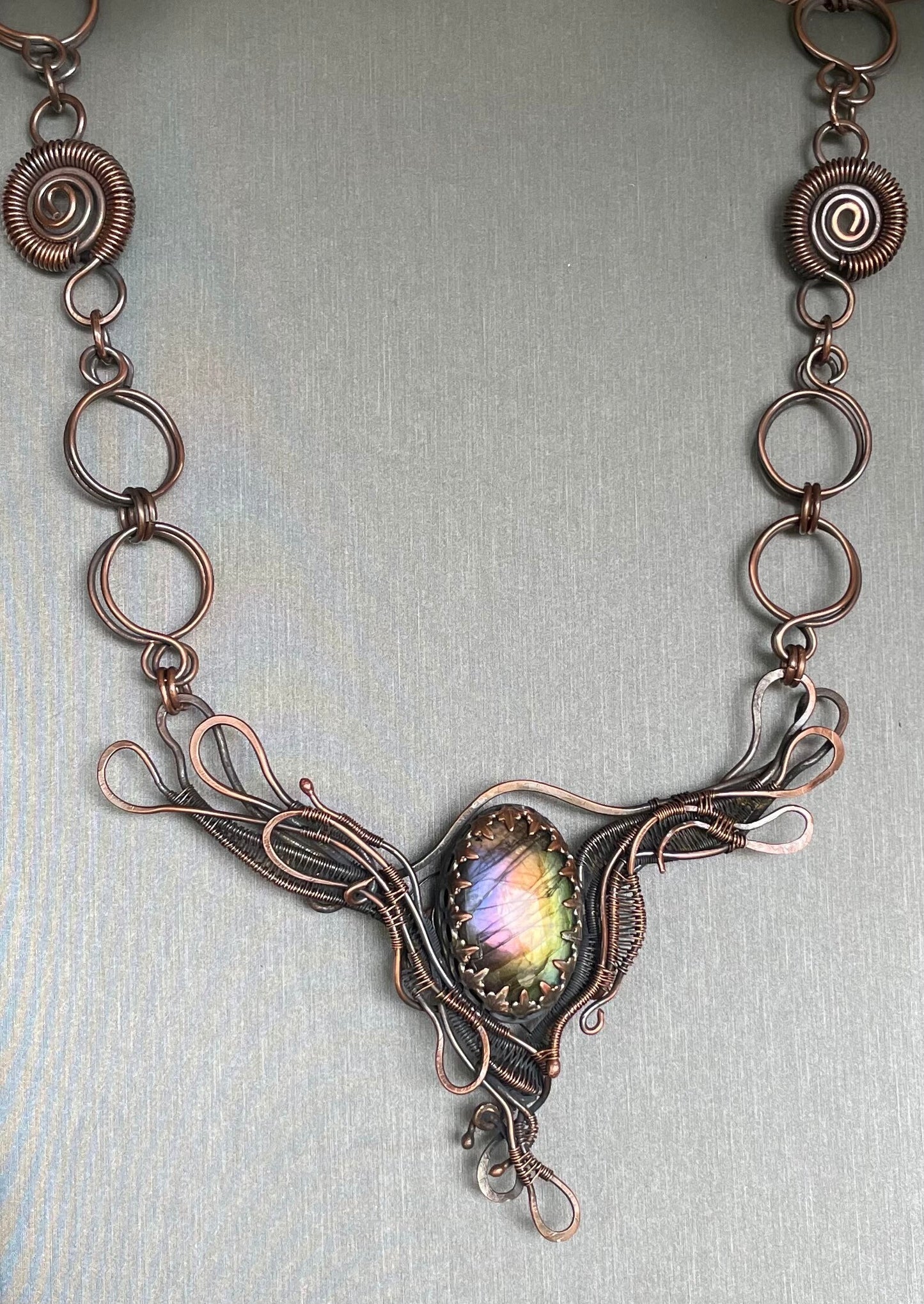 Copper labradorite statement bib necklace with handmade copper chain.