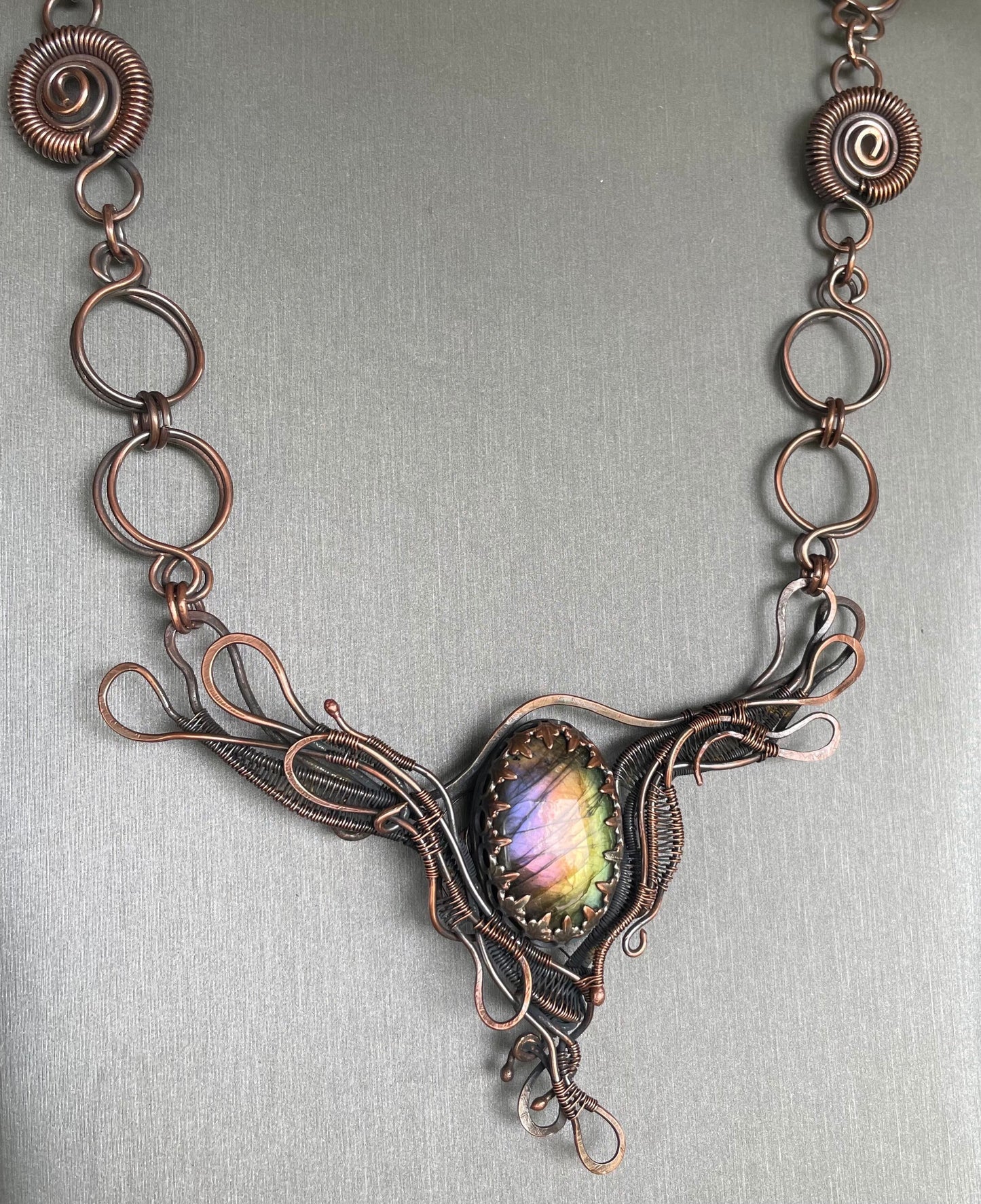 Copper labradorite statement bib necklace with handmade copper chain.