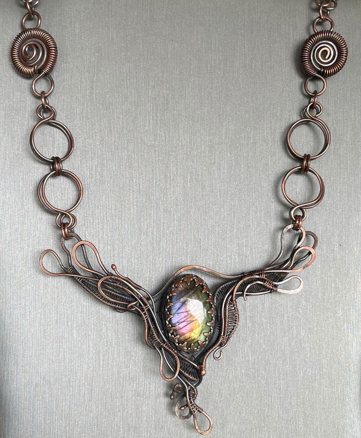 Copper labradorite statement bib necklace with handmade copper chain.