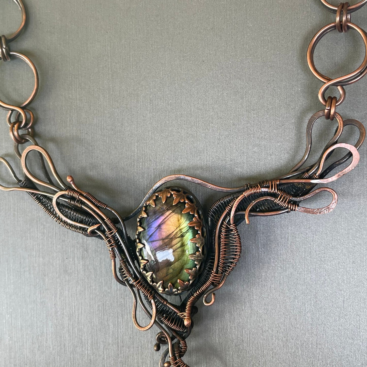 Copper labradorite statement bib necklace with handmade copper chain.