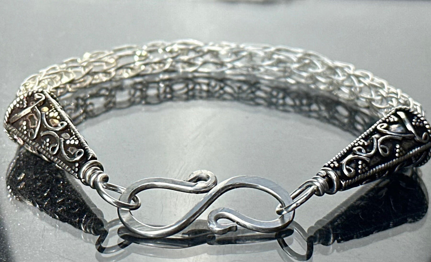 Viking knit single weave fine silver bracelet