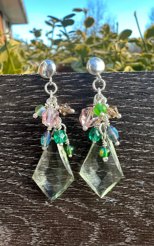 Green amethyst chrysoprase earrings with Swarovski crystals and glass beads.