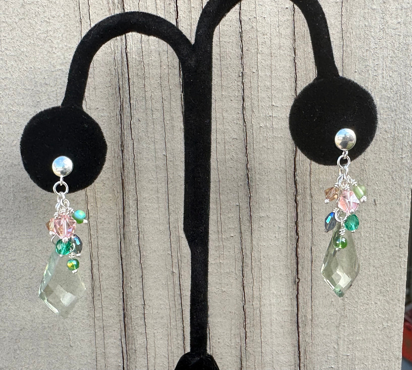 Green amethyst chrysoprase earrings with Swarovski crystals and glass beads.