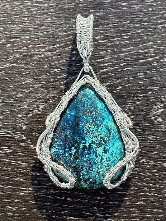 Sterling silver wire wrapped chrysocolla pendant necklace