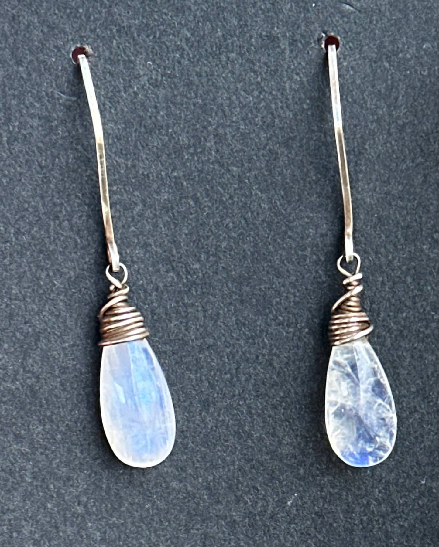 Rainbow moonstone briolette earrings with hand forged sterling silver french hooks.