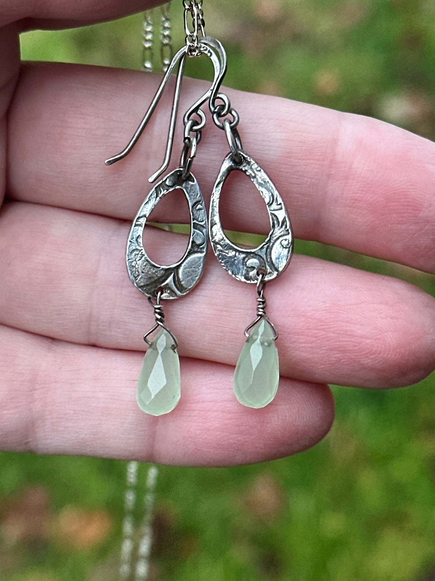 Fine silver and faceted green chalcedony  briolette earrings with sterling silver hooks.