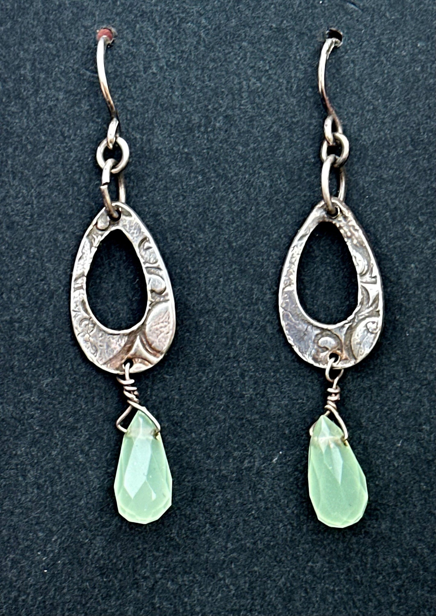 Fine silver and faceted green chalcedony  briolette earrings with sterling silver hooks.